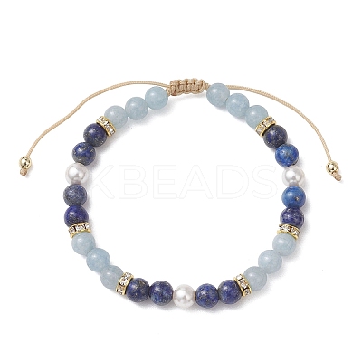 Natural Lapis Lazuli & Dyed Natural Quartz Imitation Aquamarine & Shell Pearl Round Beaded Braided Bead Bracelets BJEW-JB13392-03-1