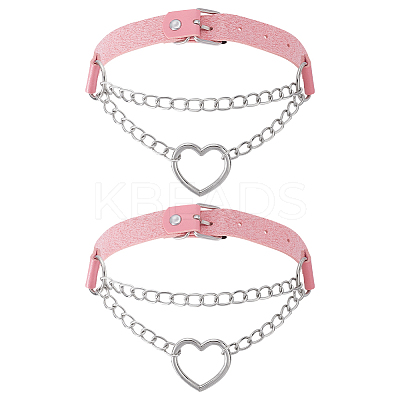 2Pcs Alloy Heart Link PU Leather Punk Choker Necklaces for Women NJEW-UN0001-70B-1