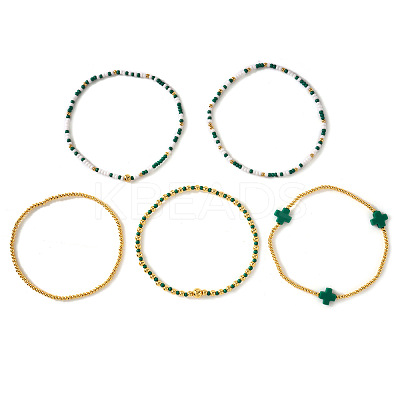 5Pcs St. Patrick's Day Brass & Acrylic & Glass Seed Bead Stretch Bracelets for Women MR9061-1-1
