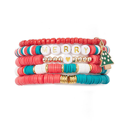 5Pcs 5 Styles Christmas Handmade Polymer Clay Beaded Stretch Bracelets Sets BJEW-TA00489-1