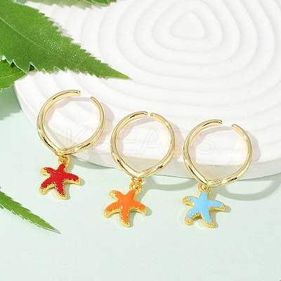 Starfish Brass Enamel Open Cuff Rings for Women RJEW-U057-03G-1
