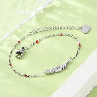 304 Stainless Steel Feather Link Bracelets for Women BJEW-A036-17P-1