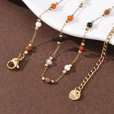 Natural Agate & Howlite & Synthetic Goldstone Faceted Round Bead 304 Stainless Steel Cable Chain Anklets for Women AJEW-G072-01G-1