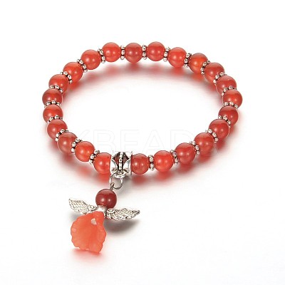 Trendy Natural Carnelian(Dyed & Heated) Beaded Acrylic Charm Bracelets BJEW-JB01792-01-1
