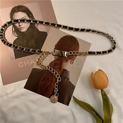 Alloy Twisted Chain & Black PU Leather Chain Belts for Women WG5E7A9-01-1