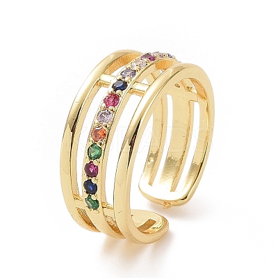Colorful Cubic Zirconia Triple Line Open Cuff Ring RJEW-I093-01G-1