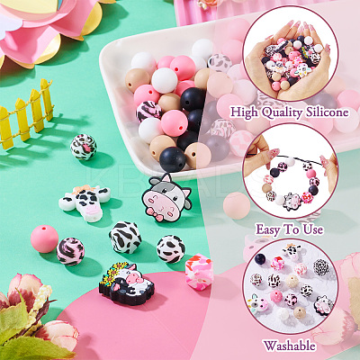 80Pcs Round & Cow Stripe Food Grade Eco-Friendly Silicone Focal Beads SIL-TA0002-68-1