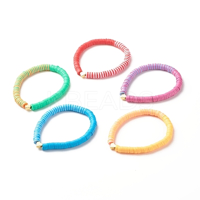 Polymer Clay Heishi Surfer Stretch Bracelet with Brass Heart BJEW-JB07850-1