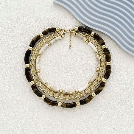 Resin Curved Tube & Plastic & Alloy Twisted Chain 3 Layer Necklaces NJEW-Q038-02G-1