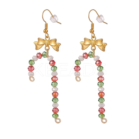 Glass Christmas Candy Cane with Alloy Bowknot Dangle Earrings EJEW-JE04971-02-1