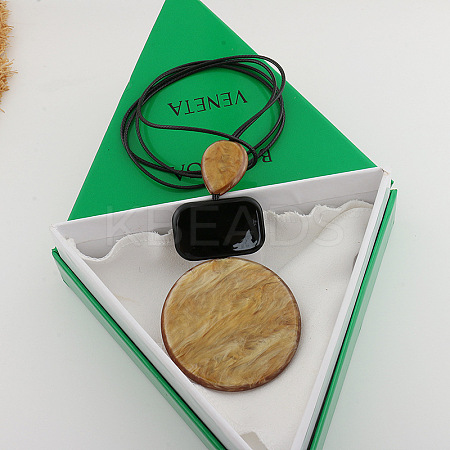 Flat Round Geometirc Resin Pendant Faux Suede Cord Long Necklaces FS-WG38481-01-1