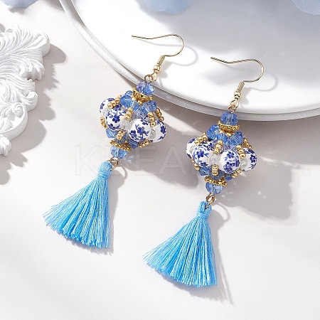 Lantern Glass Seed with Handmade Polyester Cotton Tassel Dangle Earrings EJEW-MZ00671-1