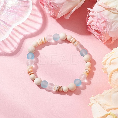 Bohemia Style Natural Fossil & Freshwater Shell & Glass Beads Stretch Bracelets for Women BJEW-JB11865-02-1