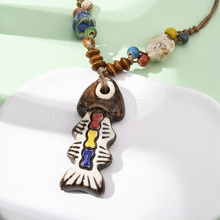 Ceramic Fish Pendant Adjustable Waxed Cord Necklaces for Women LS-NJEW-B146-02-1