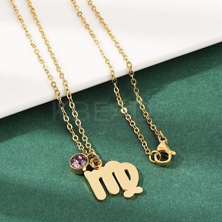 304 Stainless Steel Glass Drill Birth Stone Constellation Pendant Necklaces STAS-D305-08G-F-1