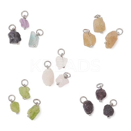 15Pcs 5 Colors Raw Rough Natural Fluorite & Rose Quartz & Yellow Apatite & Garnet & Peridot Nuggets Charms PALLOY-JF04554-02-1