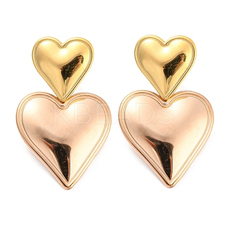304 Stainless Steel Double Heart Dangle Stud Earrings for Women LS-EJEW-D076-01E-RG-1