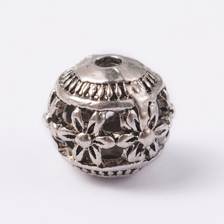 Round with Flower Tibetan Style Alloy Hollow Beads X-TIBEB-AD-45909-AS-1