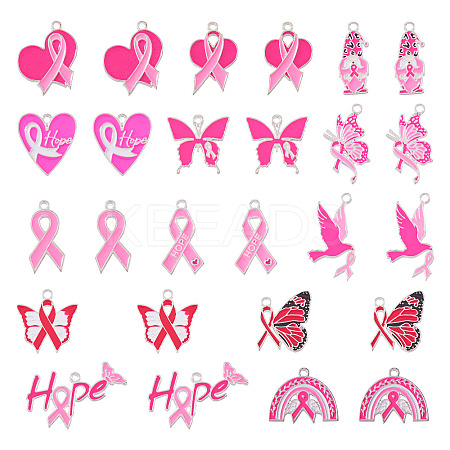 26Pcs 13 Styles Breast Cancer Pink Awareness Ribbon Theme Alloy Enamel Pendants ENAM-TA0001-93-1