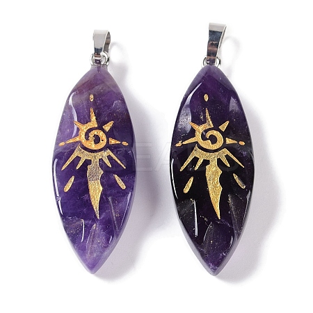Natural Amethyst Gold Sun Pattern Pendants G-L524-14P-05-1