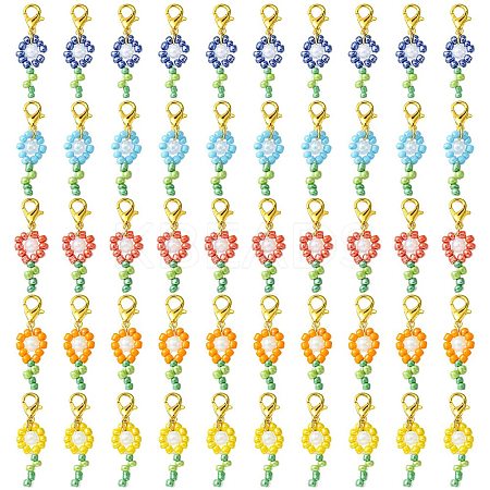 50Pcs 5 Colors Flower Glass Seed Bead Pendant Decorations HJEW-CJ0001-09-1