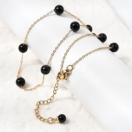 Stainless Steel & Imitation Pearl Round Link Chain Necklaces for Women WGE4439-05-1