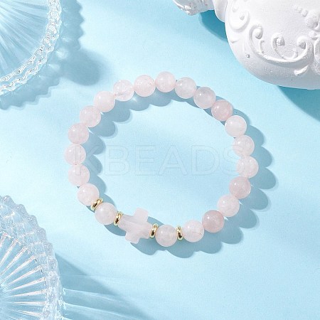 Natural Rose Quartz Cross Round Beaded Stretch Bracelets for Men Women BJEW-JB12258-03-1