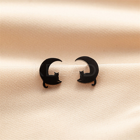 Stainless Steel Moon & Cat Shape Stud Earrings PW-WG97D36-04-1