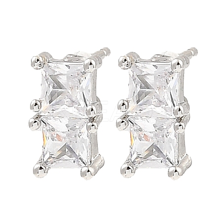 Brass Pave Clear Cubic Zirconia Rectangle Stud Earrings EJEW-G362-08P-1