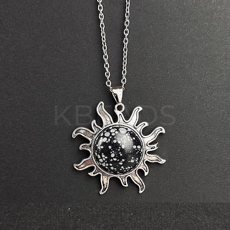 Natural Snowflake Obsidian Sun Pendant Alloy Chain Vintage Necklaces WB3716-10-1