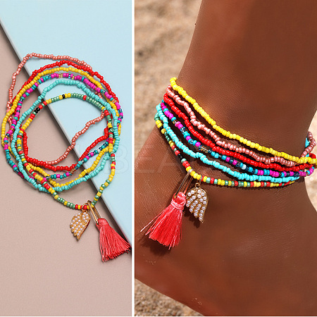 Bohemian Resin & Glass Seed Beaded Stretch Multi-Layered Anklet Sets WG187EB-02-1