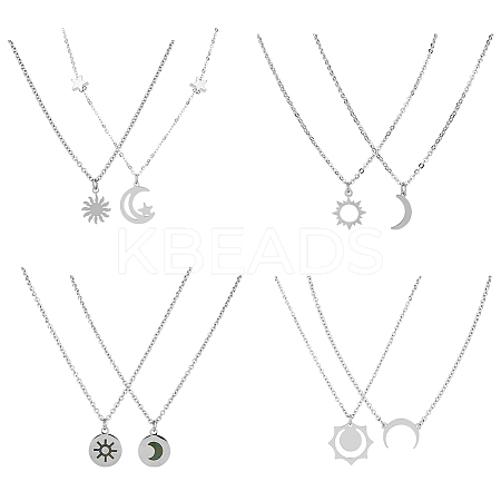 4 Sets 4 Style Sun and Moon 304 Stainless Steel Pendant Necklaces Set NJEW-FI0001-22-1