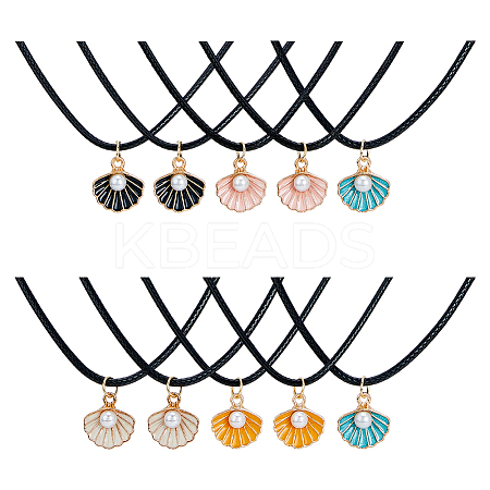 30Pcs 5 Color Zinc Alloy Enamel Shell Shape Pendant Necklaces Set with ABS Plastic Imitation Pearl Beaded NJEW-AB00020-1