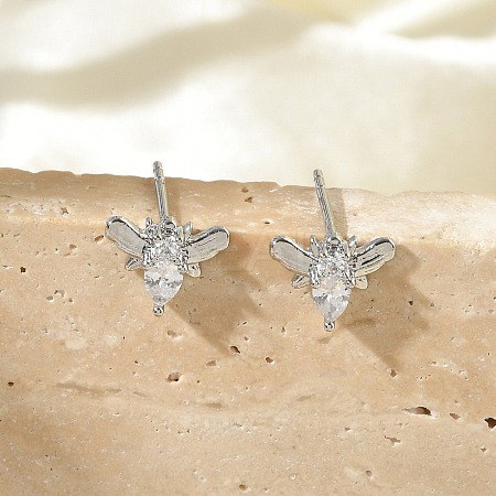 Brass Micro Pave Clear Cubic Zirconia Stud Earrings EJEW-R016-26P-11-1