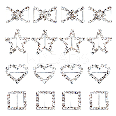   16Pcs 4 Style Heart & Star & Bowknot & Square Shining Wedding Invitation Ribbon Buckles RB-PH0001-16-1
