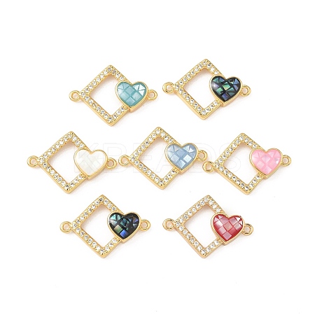 Brass Micro Pave Clear Cubic Zirconia & Shell Rhombus with Heart Connector Charms KK-I357-02G-1
