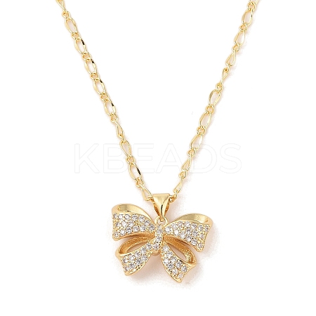 Brass Micro Pave Clear Cubic Zirconia Bowknot Pendant Necklaces for Women NJEW-S432-02G-02-1