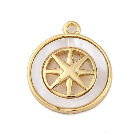 Brass Pave Natural Shell Flat Round with Star Charms KK-P289-06G-1