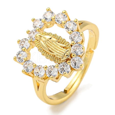 Heart with Saint Rack Plating Brass Micro Pave Cubic Zirconia Adjustable Rings RJEW-I105-04G-06-1