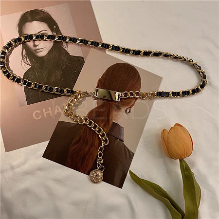 Alloy Twisted Chain & Black PU Leather Chain Belts for Women WG5E7A9-01-1