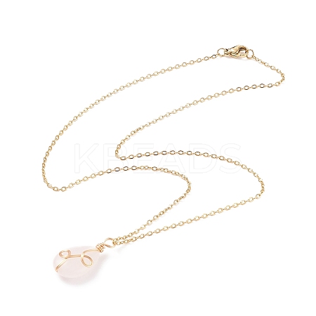 Natural Rose Quartz Teardrop Pendant Necklace X-NJEW-JN03900-01-1