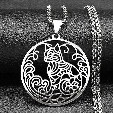 Ring with Cat Shape Pattern 201 Stainless Steel Pendant Necklaces for Men Women LS-NJEW-K283-13P-1