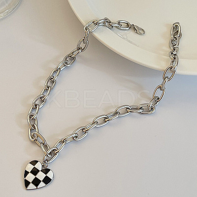 Black and White Checkered Heart Alloy Enamel Pendant Necklaces for Women FS-WGFAE52-01-1