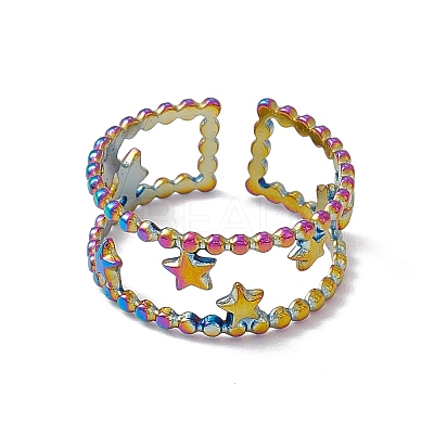 Ion Plating(IP) 304 Stainless Steel Stars Double Line Open Cuff Ring for Women RJEW-C045-24M-1