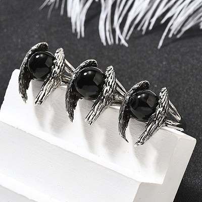 Natural Obsidian Wings Adjustable Rings RJEW-K241-04AS-09-1