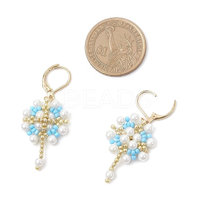 Flower with Cross 304 Stainless Steel Earrings Glass Seeds Leverback Earrings EJEW-MZ00507-04-1