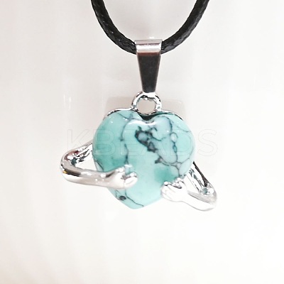 Dyed Synthetic Turquoise Heart with Metal Hands Pendant Necklaces FX8013-10-1