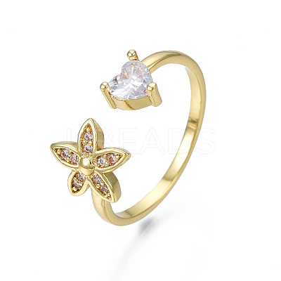 Cubic Zirconia Flower and Heart Open Cuff Ring RJEW-N035-115-1