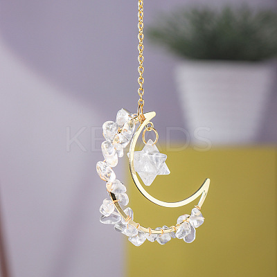 Natural Quartz Crystal Chip Wire Wrapped Metal Moon Hanging Ornaments PW-WG29186-01-1
