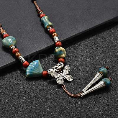 Ethnic Style Alloy & Porcelain Ceramic Beads Butterfly Pendant Tassel Y Necklaces LS-NJEW-D308-01B-1